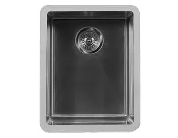 A stainless steel sink with a drain on a white background.