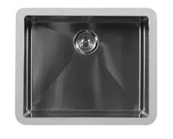 A stainless steel kitchen sink with a drain on a white background.