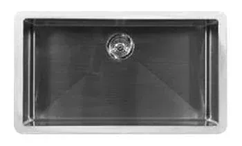 A stainless steel kitchen sink with a drain on a white background.