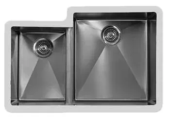 A stainless steel kitchen sink with two drains on a white background.