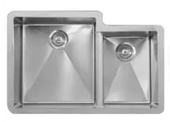 A stainless steel kitchen sink with two drains on a white background.