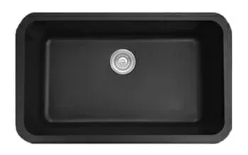 A black kitchen sink with a stainless steel drain on a white background.