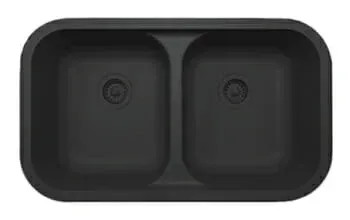 A black kitchen sink with two drains on a white background.