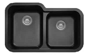 A black kitchen sink with two sinks and two drains on a white background.