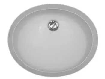 A white round sink with a chrome drain on a white background.