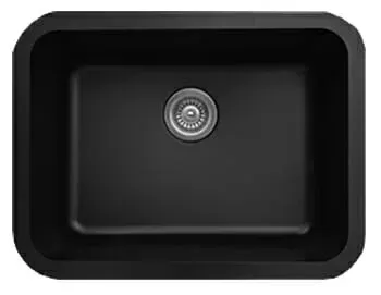 A black kitchen sink with a stainless steel drain on a white background.