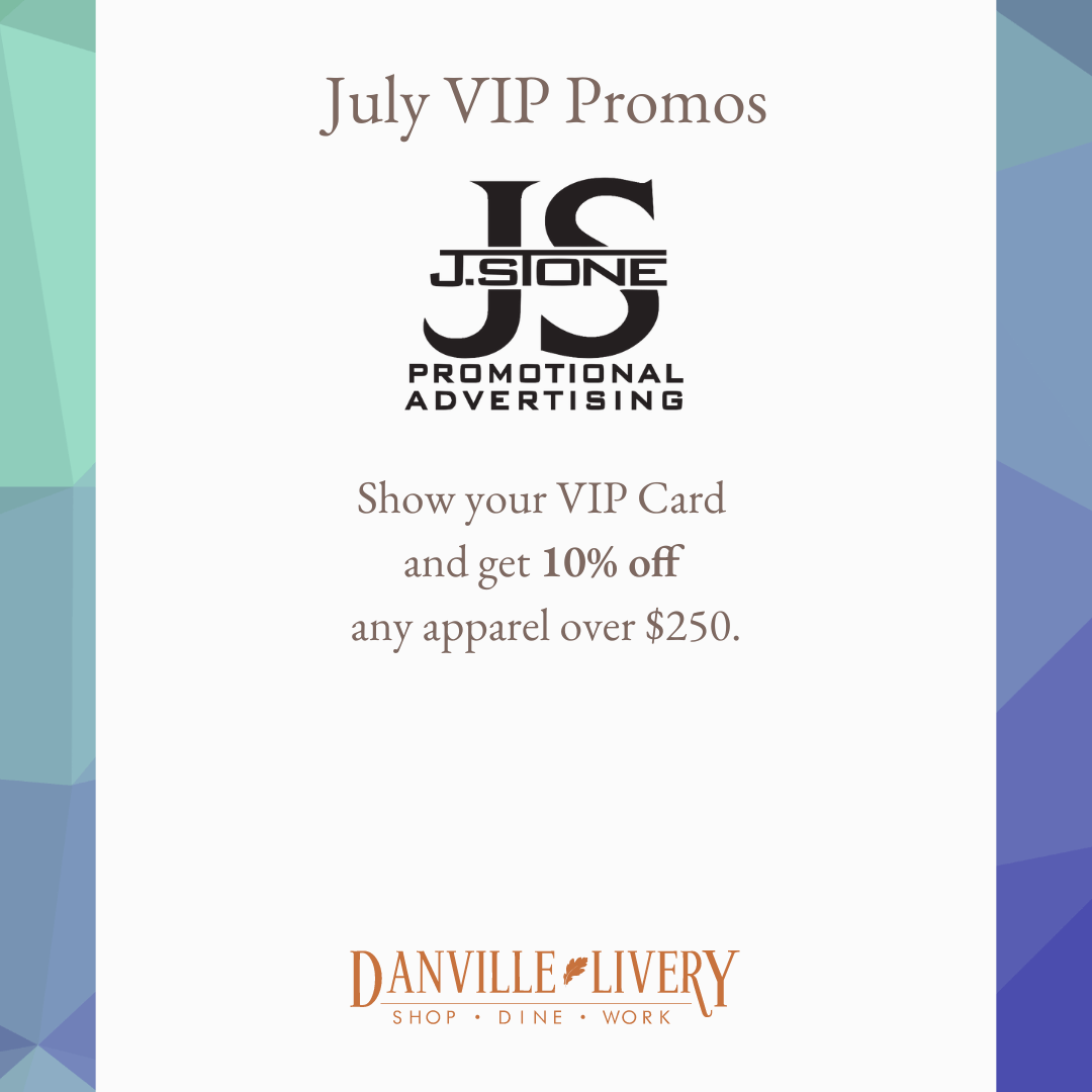 A july vip promo for js promotional advertising show your vip card and get 10 % off any apparel over $ 250.