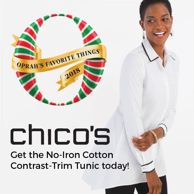 An ad for chico 's shows a woman wearing a white shirt