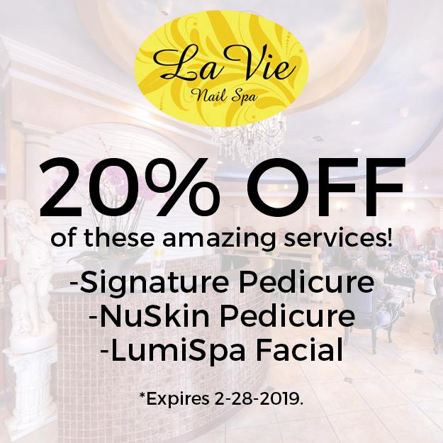 La vie nail spa is offering 20 % off of these amazing services