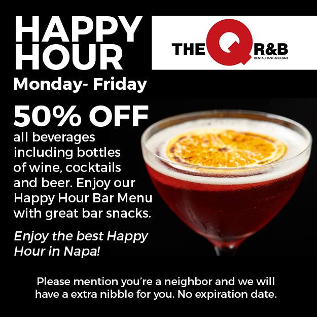 An advertisement for a happy hour on monday-friday