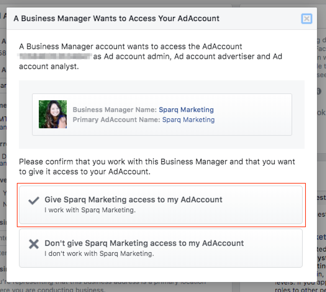 A business manager wants to access their ad account