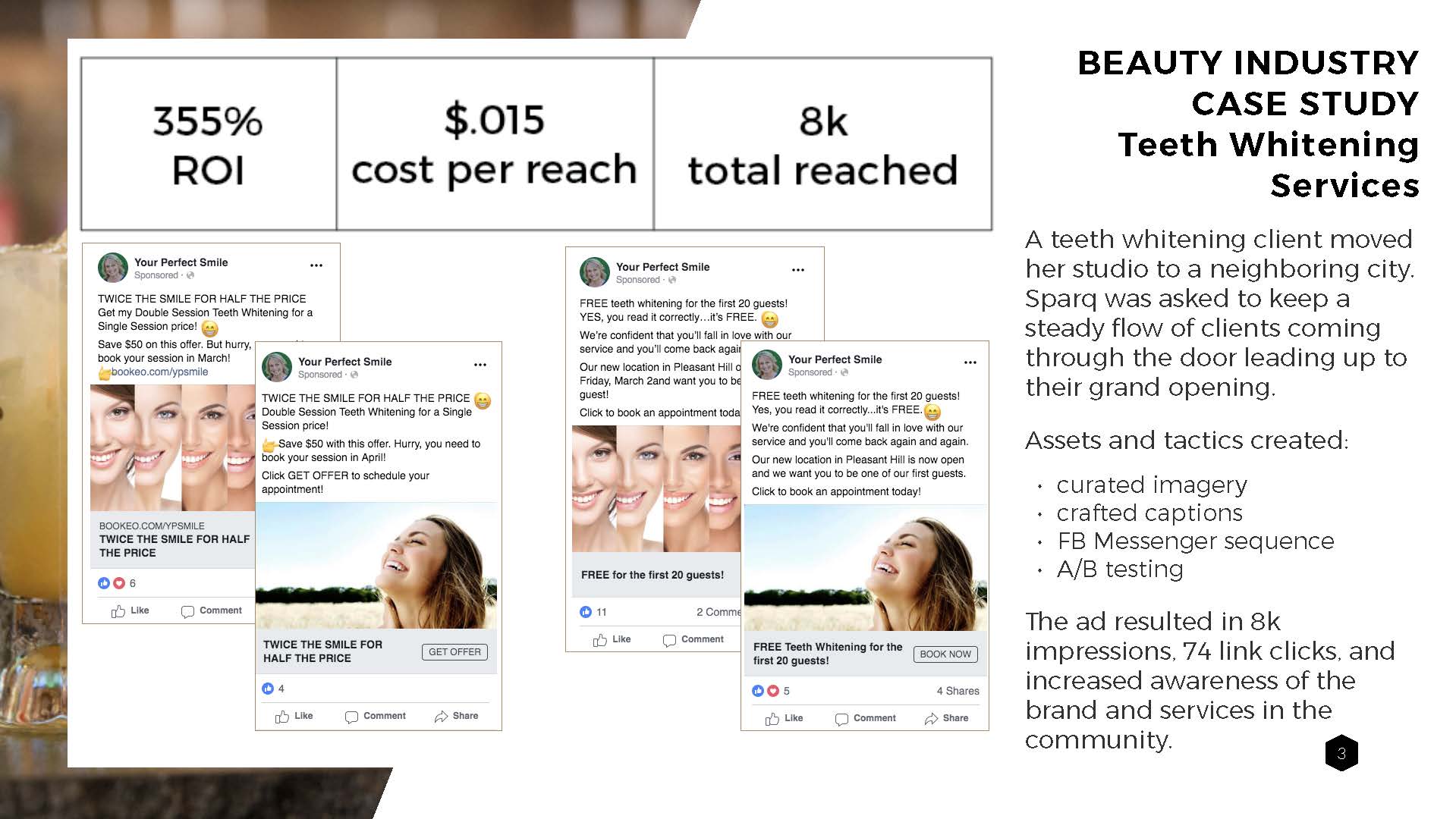 A graphic showing the cost per reach of teeth whitening services.
