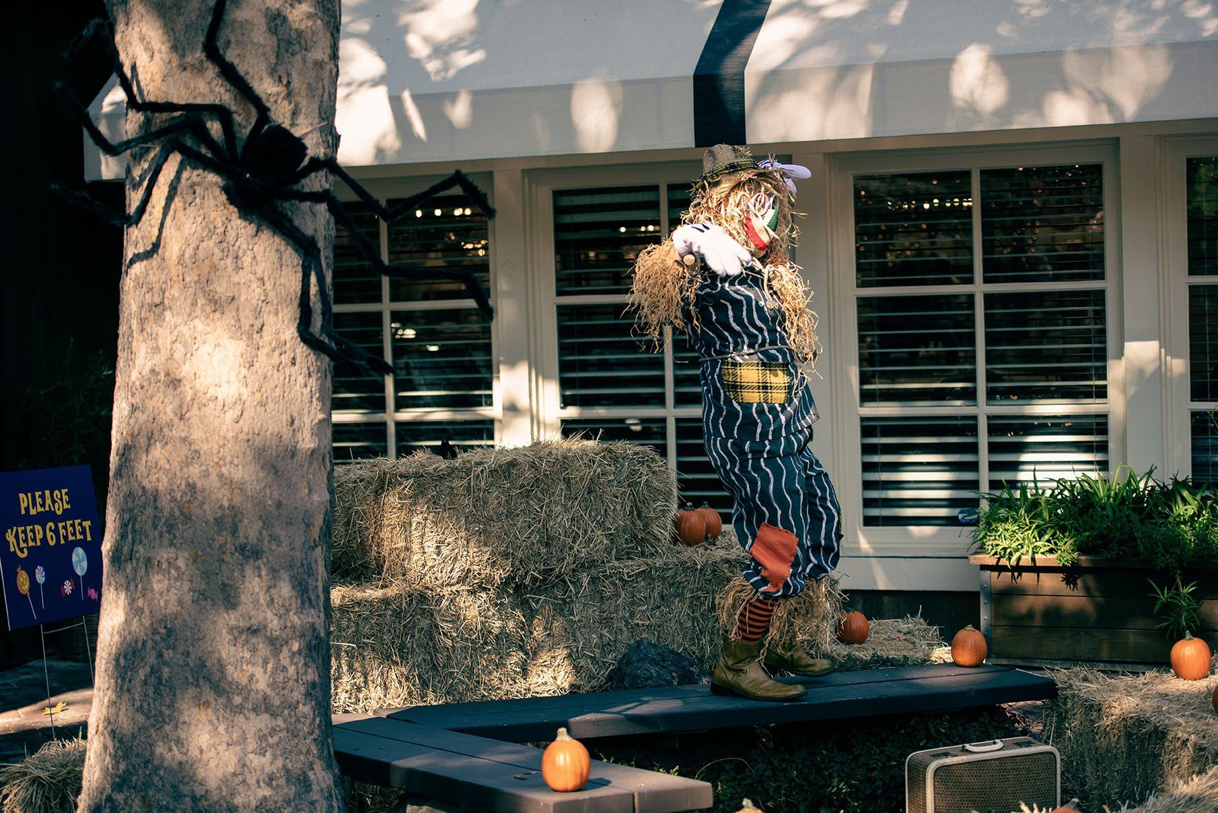 A scarecrow is sitting on a bench in front of a house.