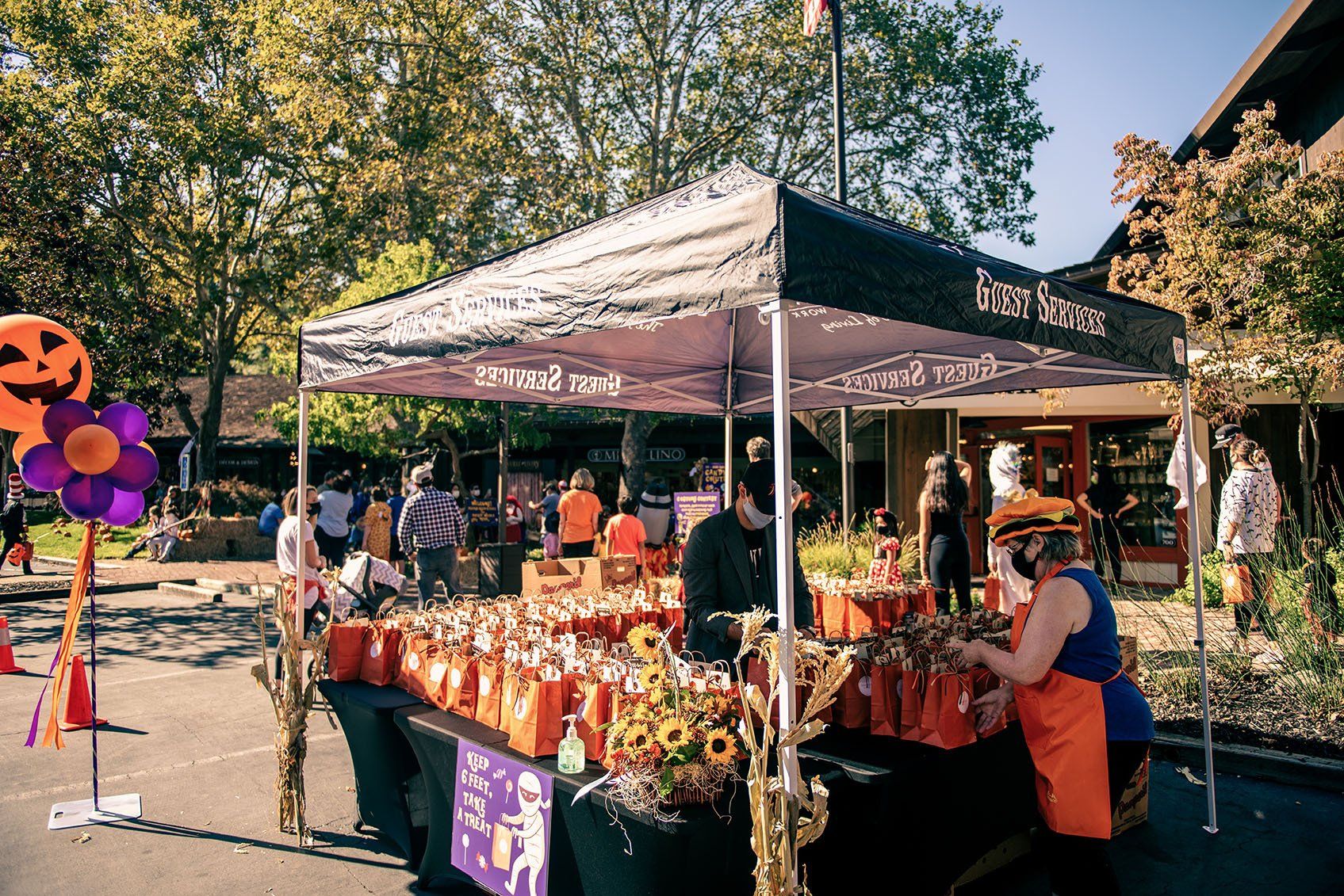 A woman is selling candy under a tent at a trick or treat event.