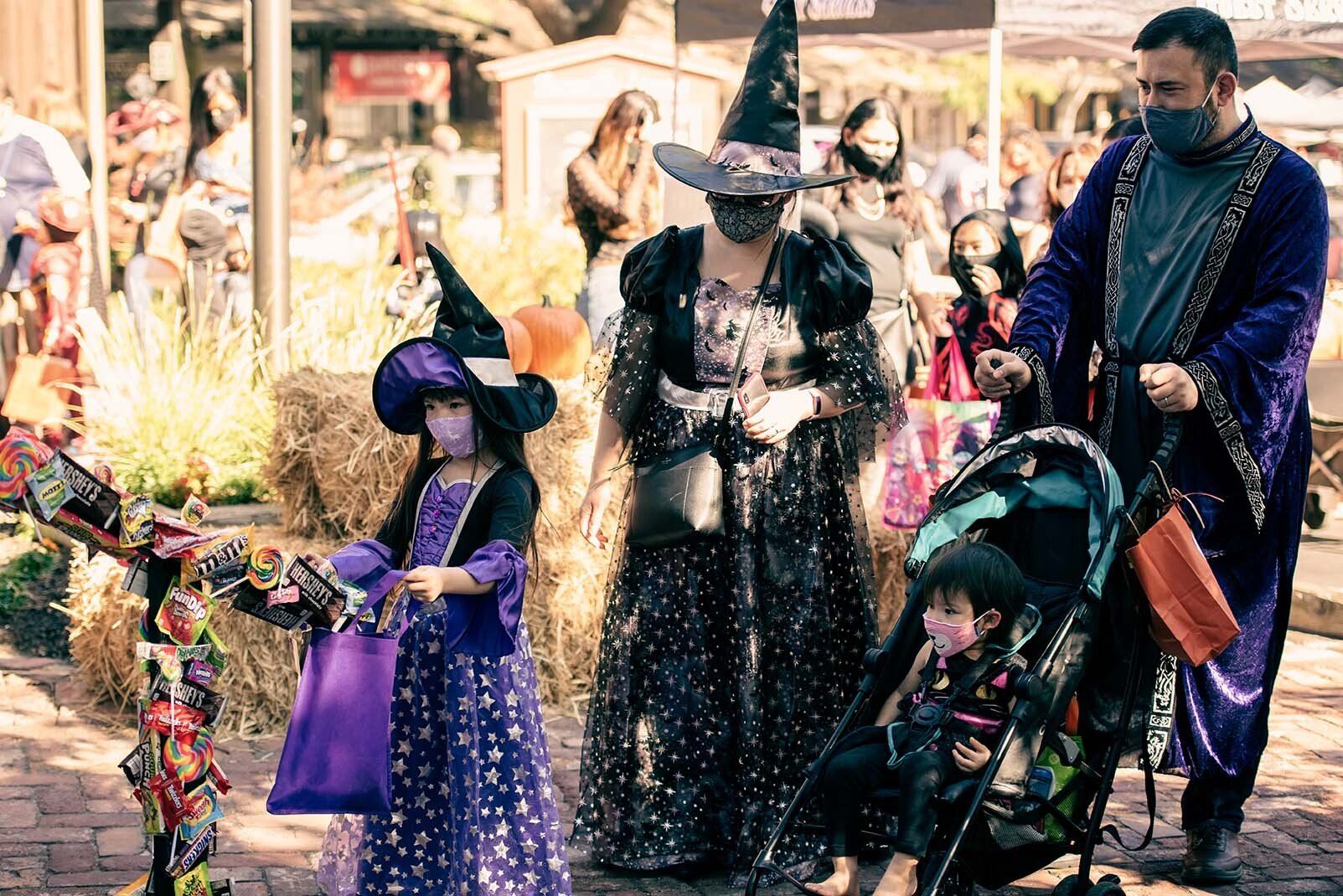 A group of people dressed as witches are walking down a street.