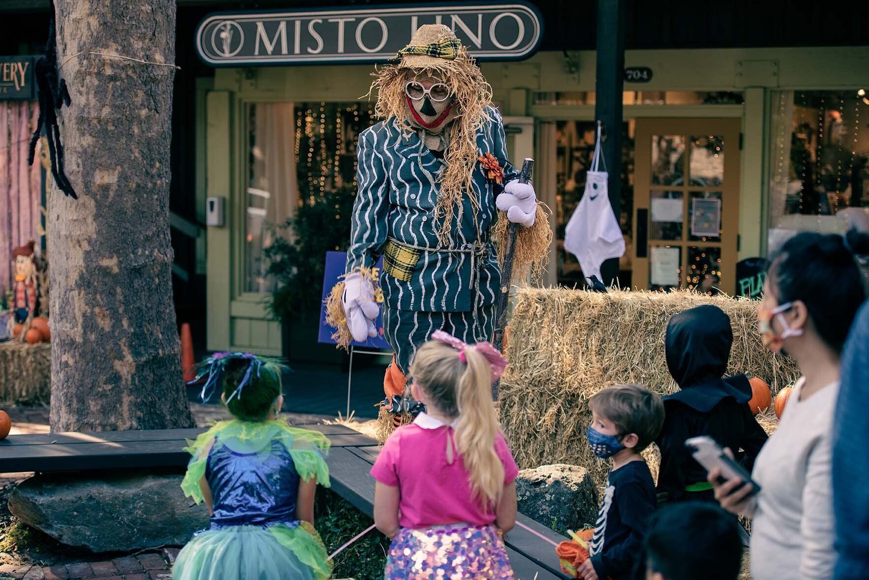 A group of children are standing in front of a scarecrow.