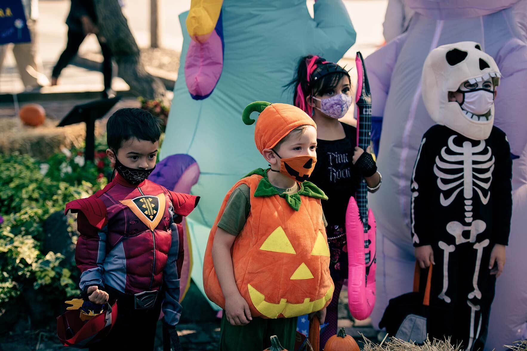 A group of children in halloween costumes are standing next to each other.