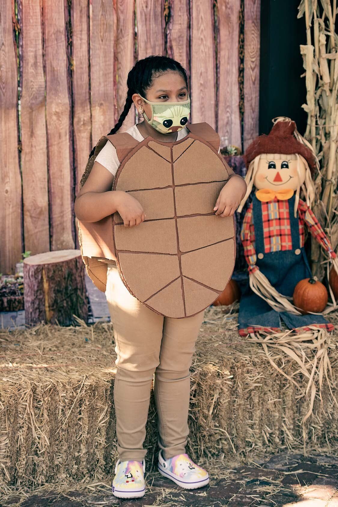 A little girl wearing a mask and a turtle costume is standing next to a scarecrow.