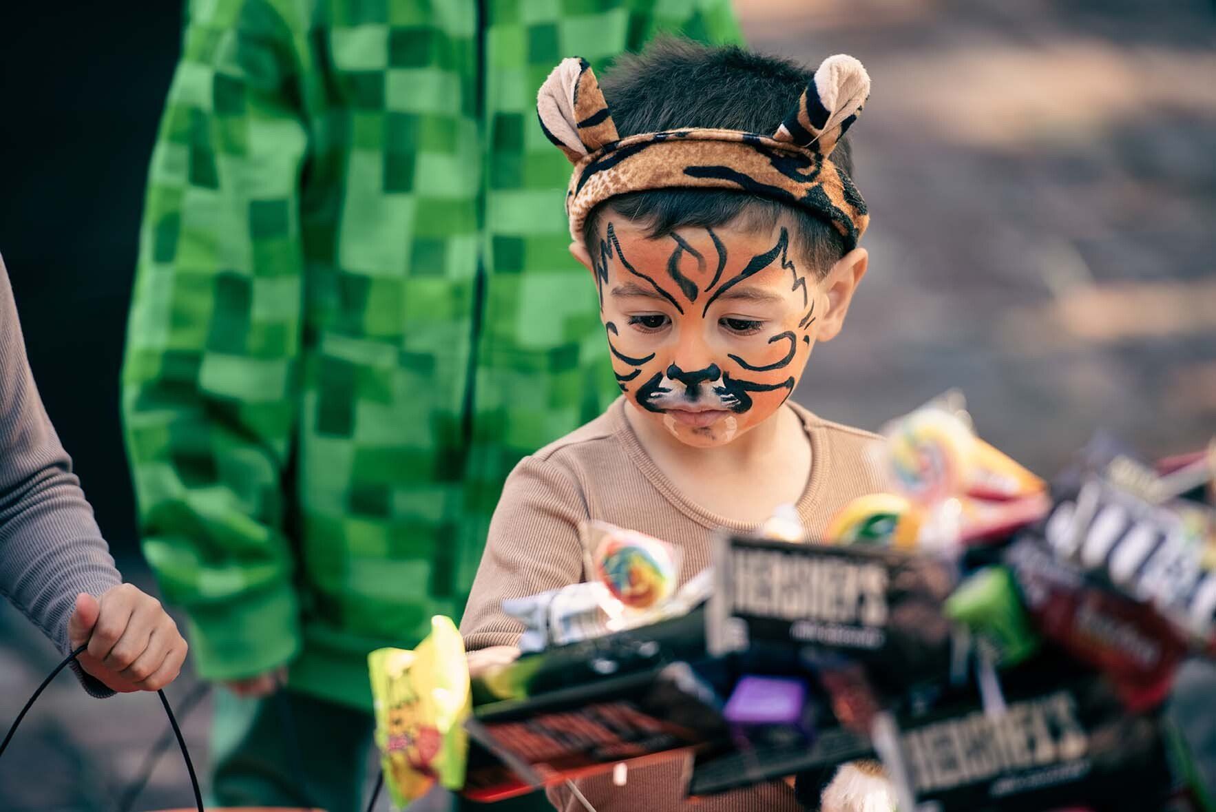 A young boy with his face painted like a tiger is holding a bucket of candy.