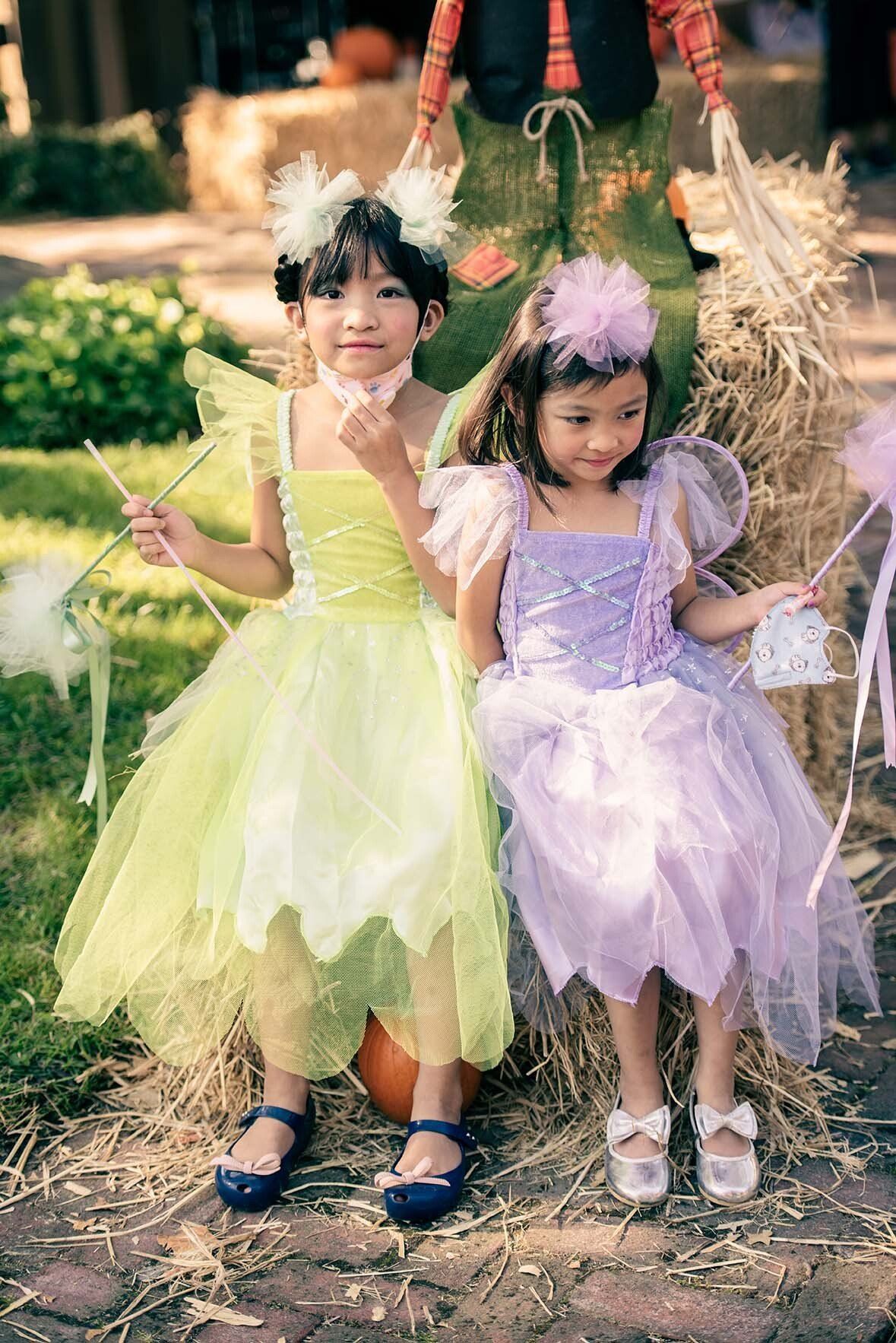 Two little girls in fairy costumes are sitting next to each other on a pile of hay.