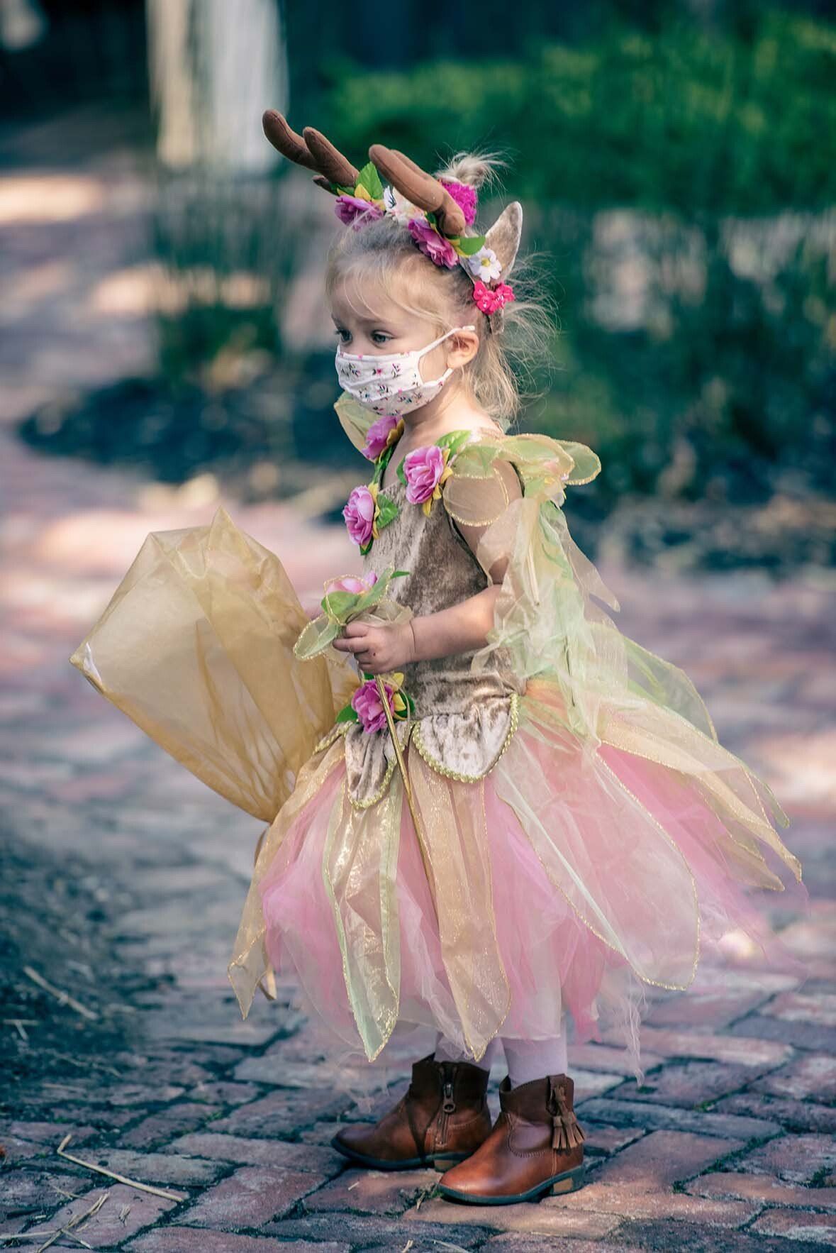A little girl is wearing a mask and a fairy costume.