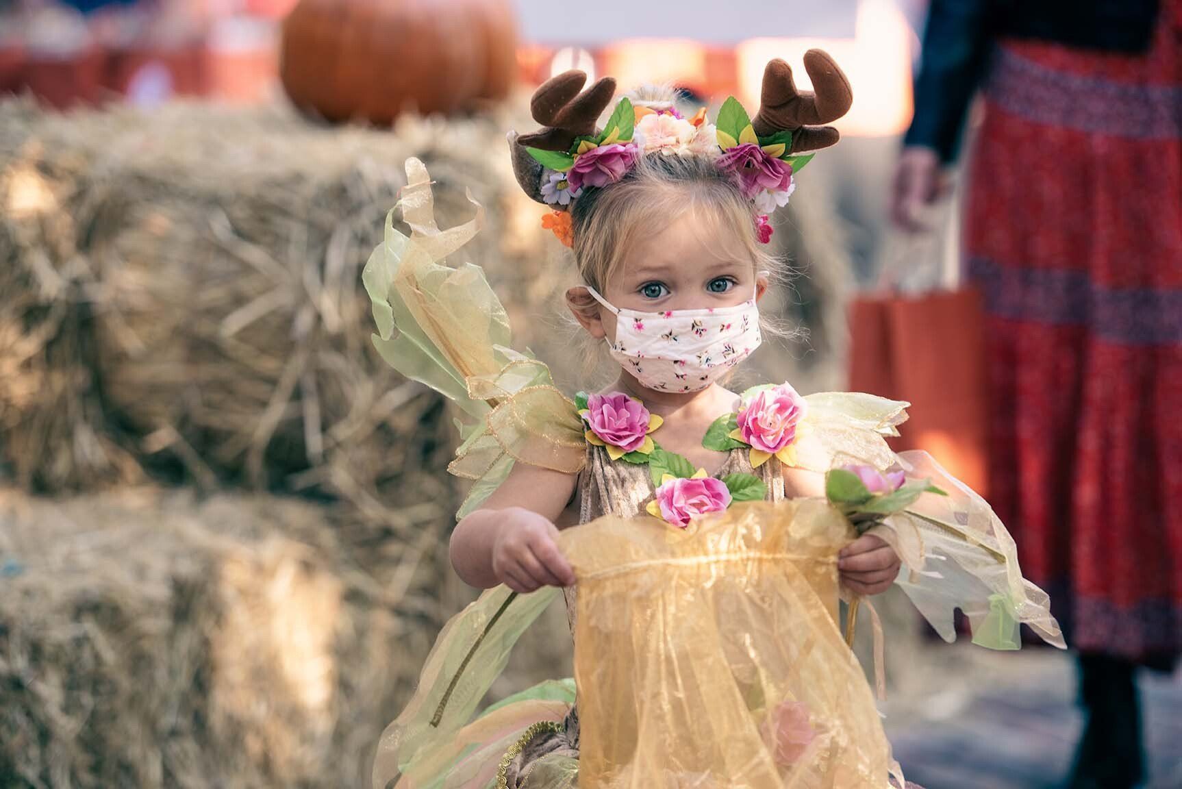 A little girl is wearing a mask and a fairy costume.