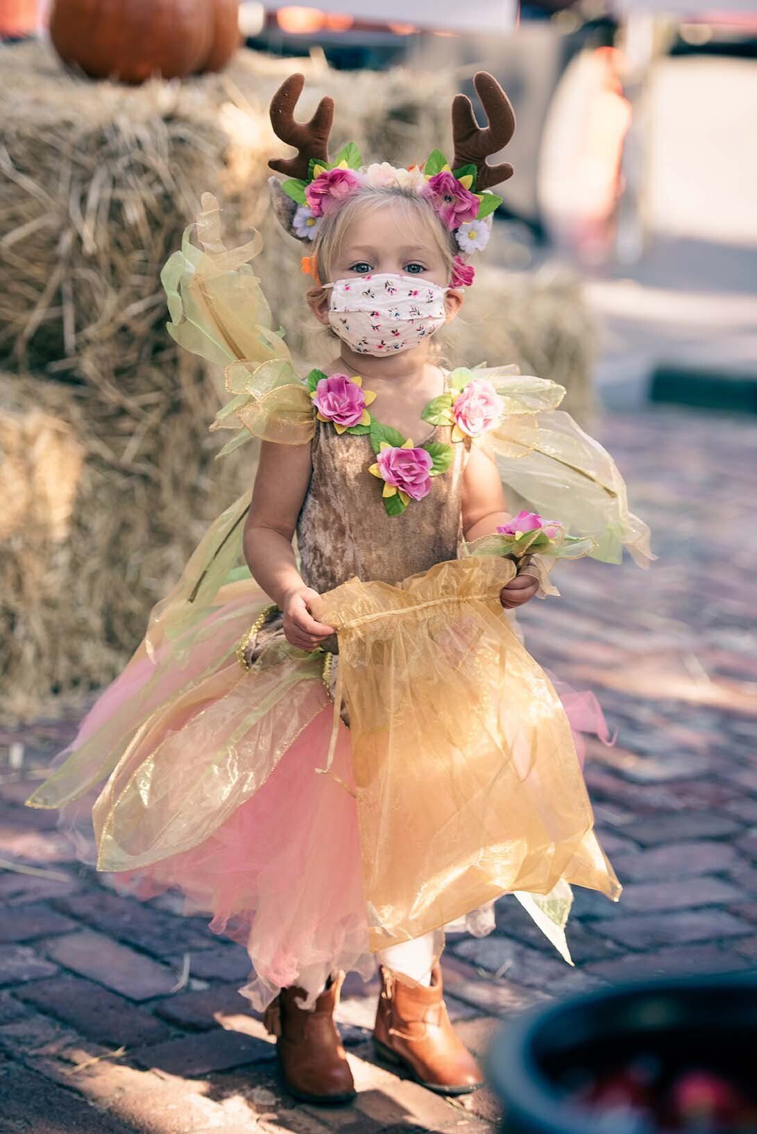 A little girl in a fairy costume is wearing a face mask.