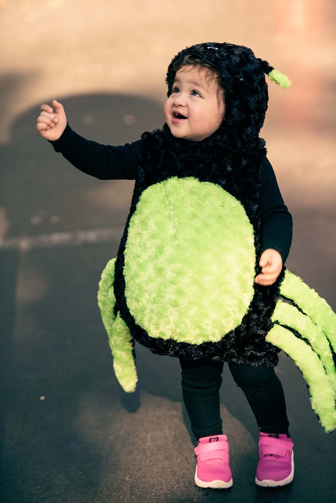 A little girl is dressed in a spider costume.