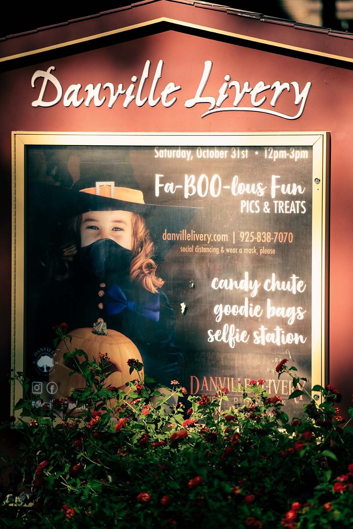 A sign for danville livery has a picture of a woman in a witch costume on it.