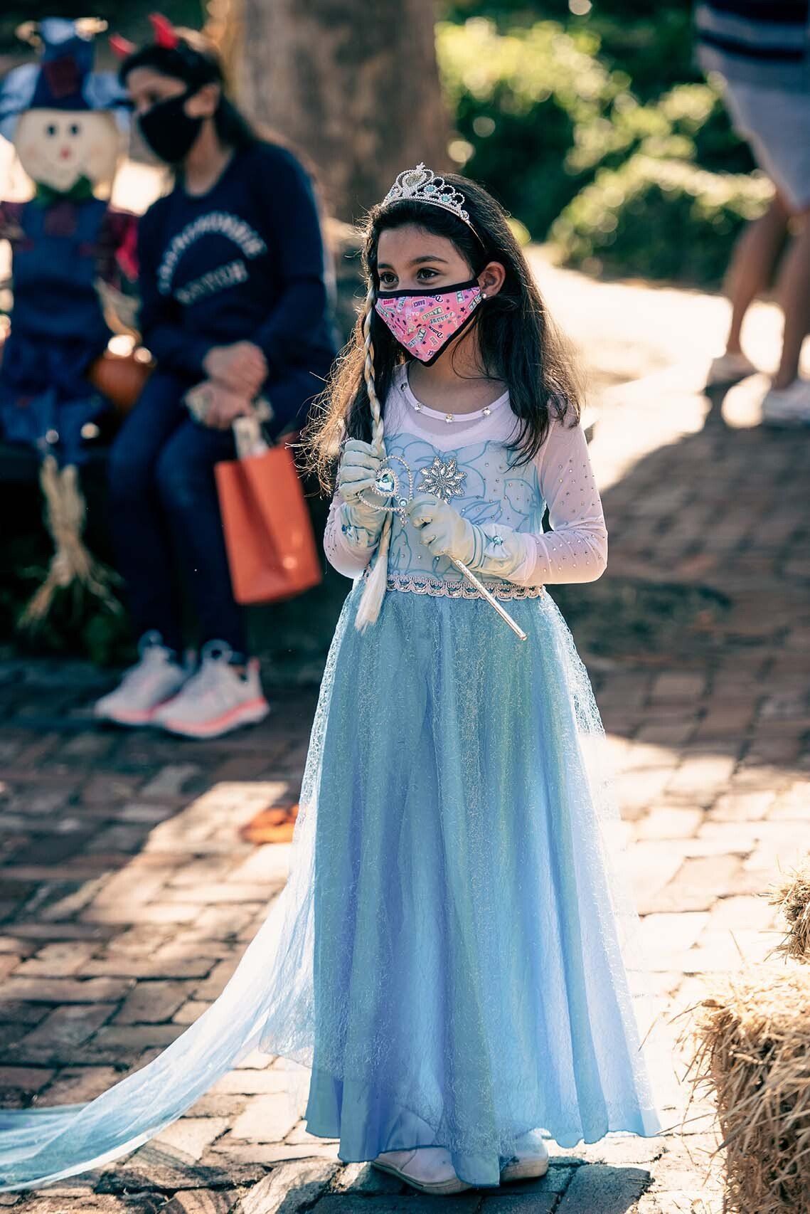 A little girl is dressed as a princess and wearing a mask.