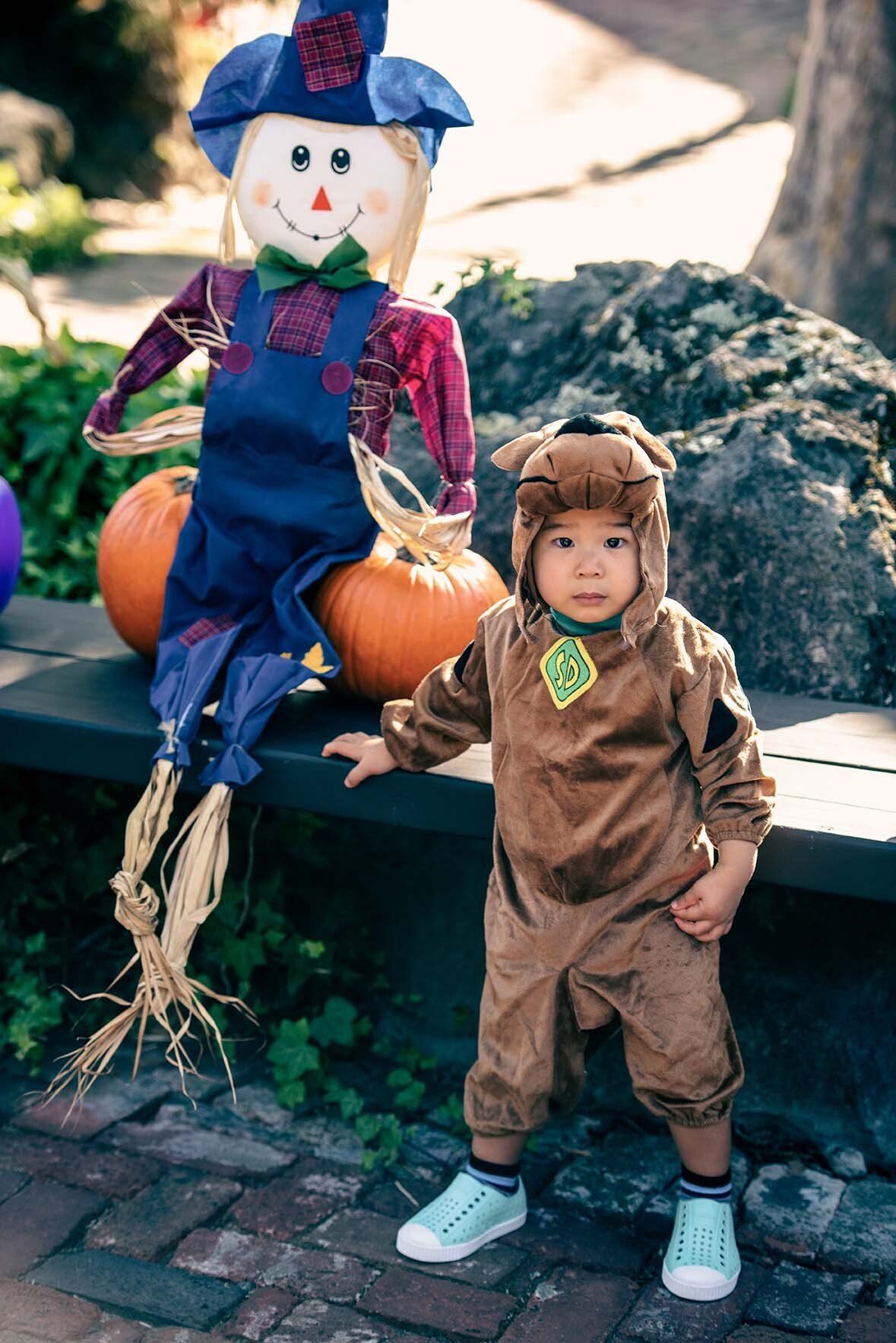 A little boy in a scooby doo costume is standing next to a scarecrow.