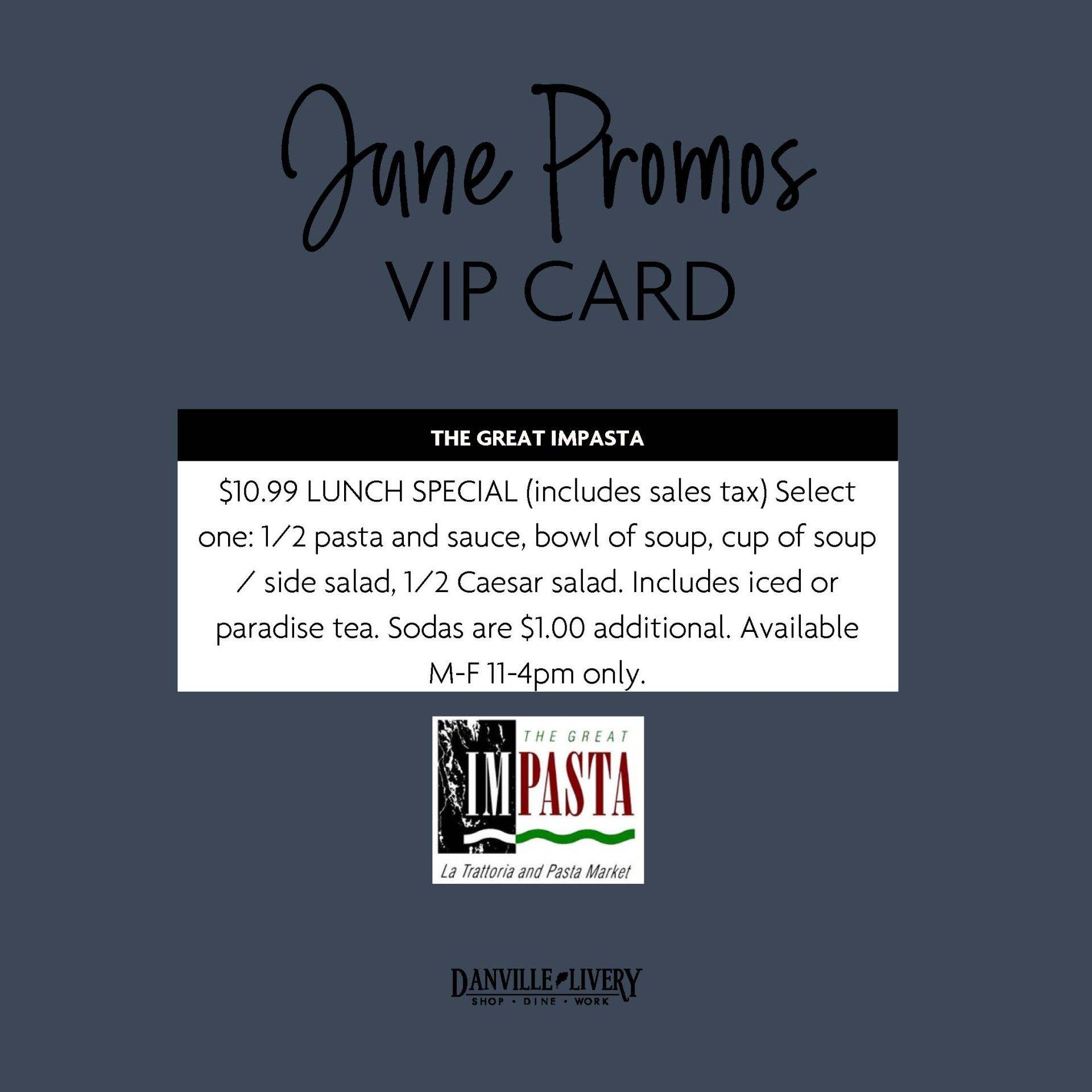 A june promos vip card for the great impasta restaurant