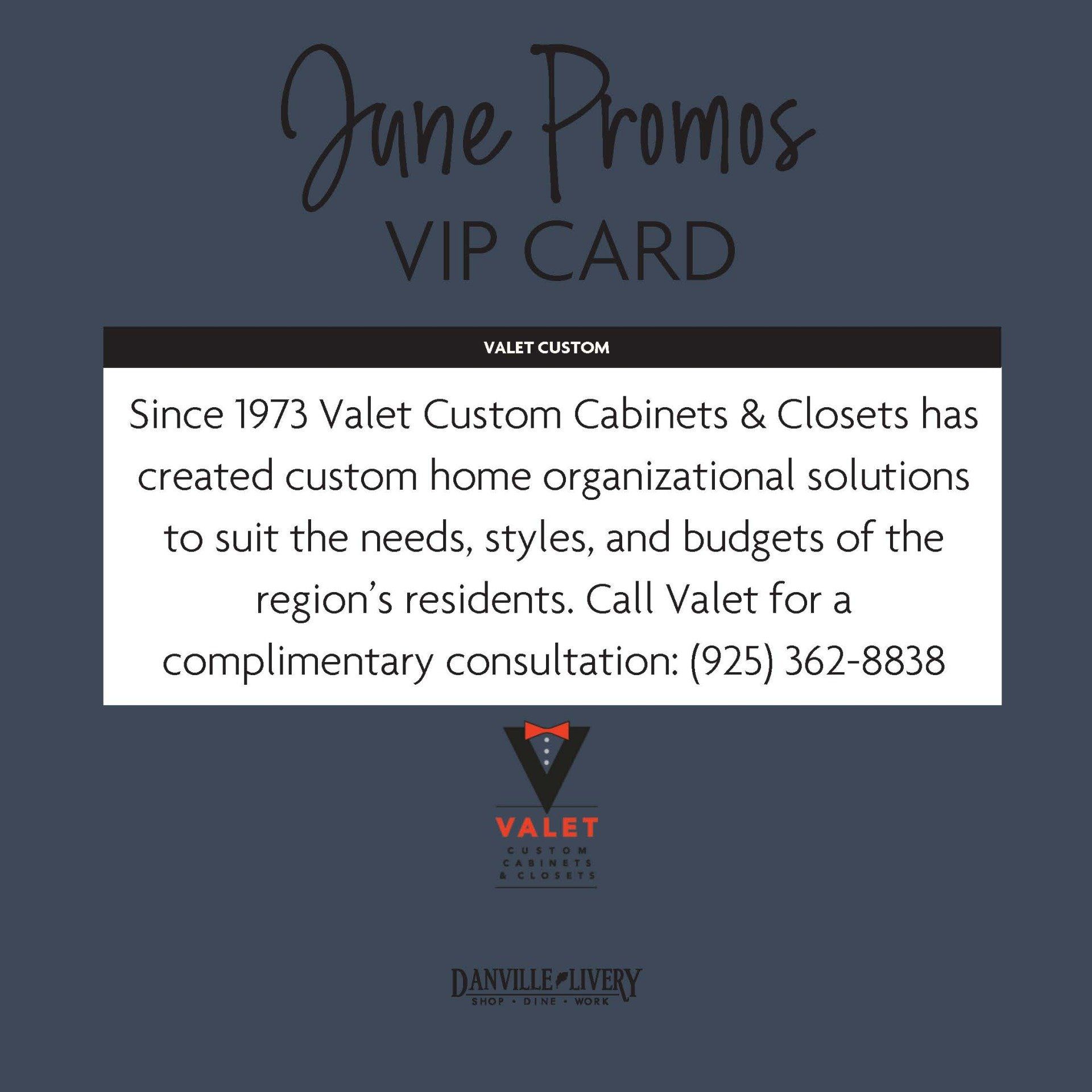 A june promos vip card for valet custom cabinets and closets