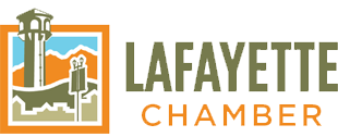 A logo for the lafayette chamber with a water tower and mountains in the background.