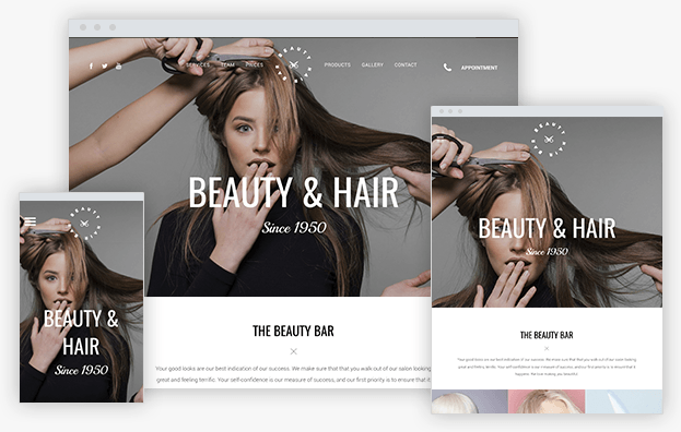 A website for a beauty and hair salon with a woman getting her hair done.