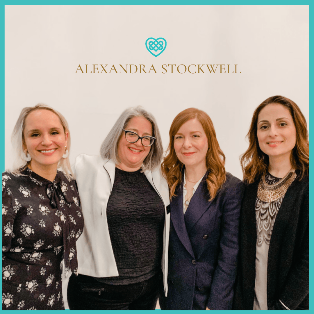 Four women are posing for a picture with the name alexandra stockwell on the bottom