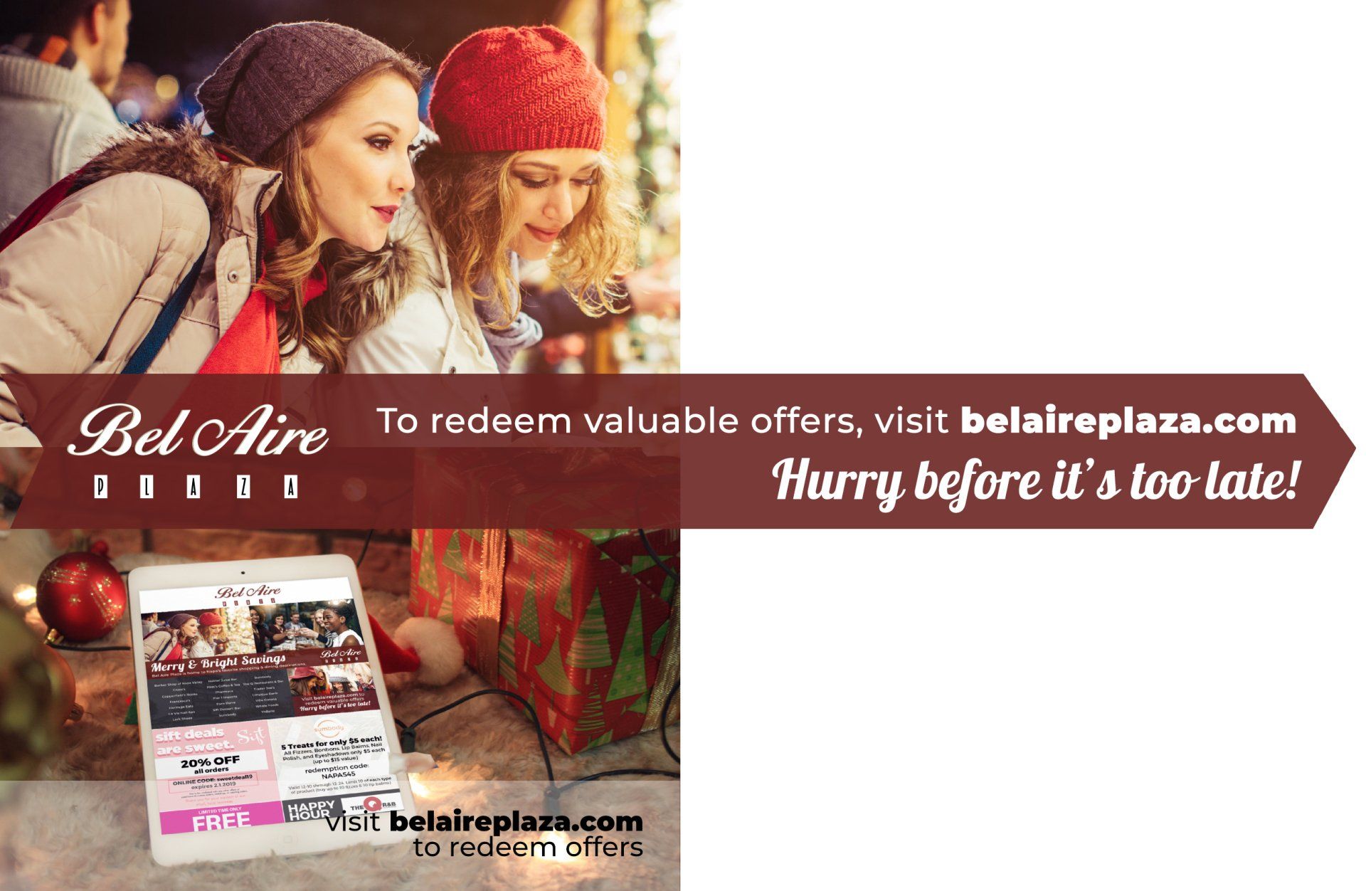 Two women are looking at their phones in a bel aire ad