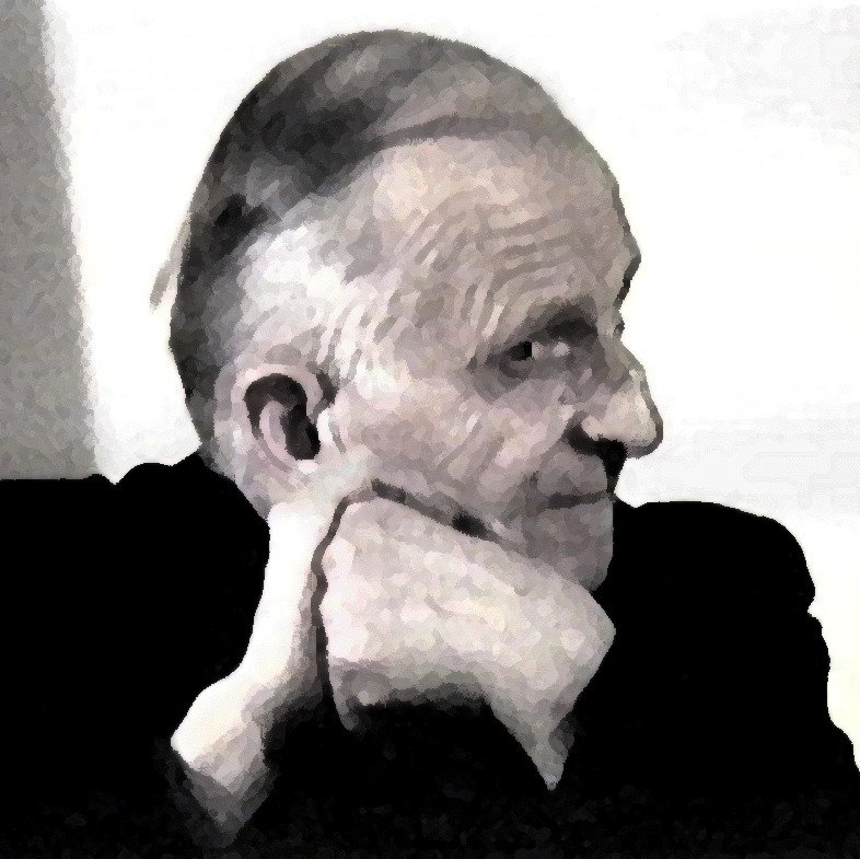 Un disegno in bianco e nero di un uomo anziano con la mano sul mento