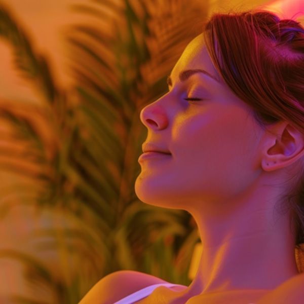 A woman with closed eyes, lit with warm yellow and pink light, appears relaxed, possibly meditating.
