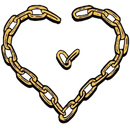 Heart-shaped chain with one broken link. Golden chain on a white background.