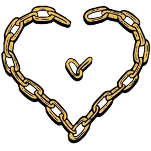 Heart-shaped chain with one broken link. Golden chain on a white background.