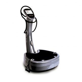 A silver and black Power Plate exercise machine. It has a platform, a control panel, and arm straps.