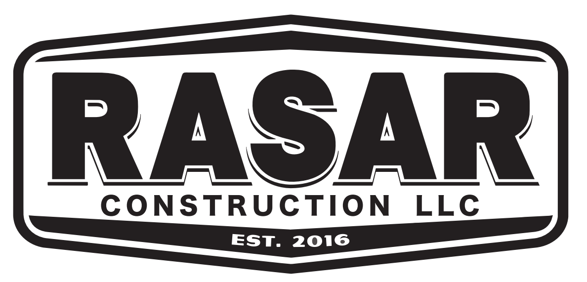 Logo for Rasar Construction LLC, black text on a white background inside a black, shield-shaped border.