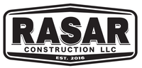 Logo for Rasar Construction LLC, black text on a white background inside a black, shield-shaped border.