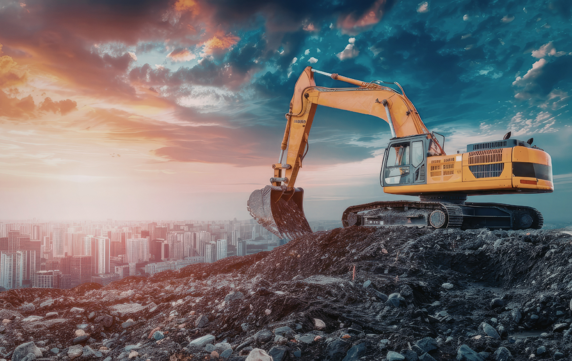 Yellow excavator on a mound overlooking a cityscape at sunset, with a vibrant sky.