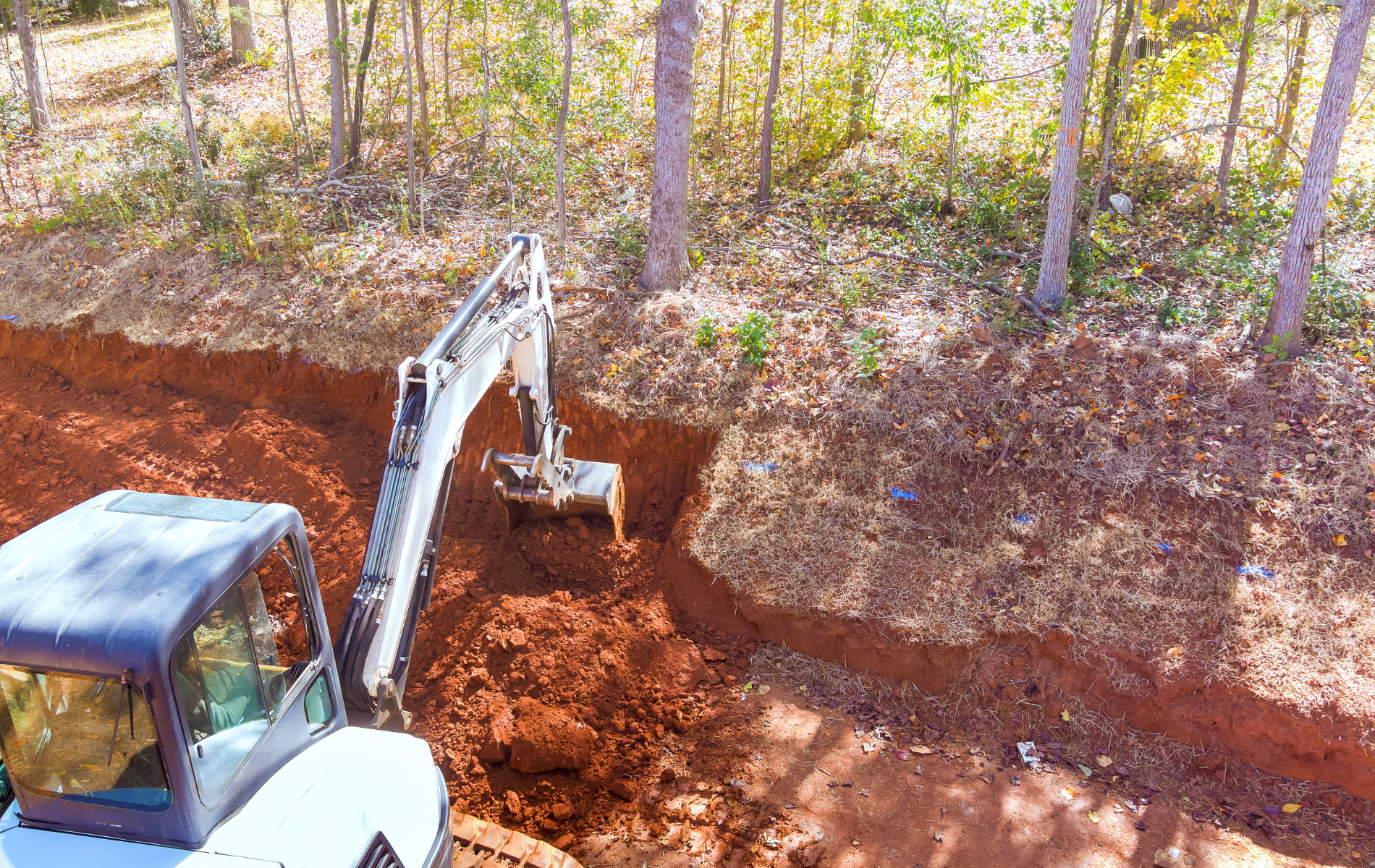 An excavator digs into a red-brown earth bank next to trees.