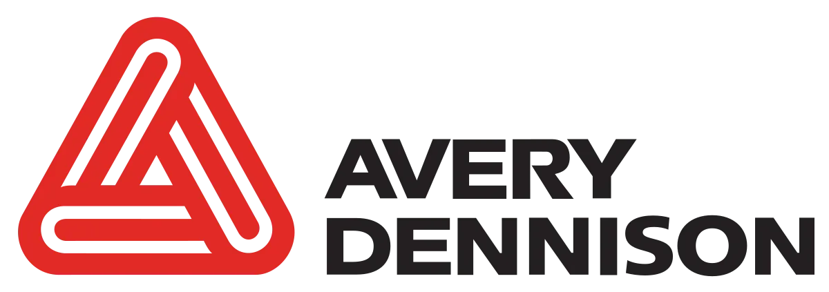 Avery Dennison logo: Red triangle with interlocking shapes and black text.