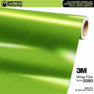 Roll of glossy light green 3M 2080 wrap film for vehicles, with Metro Restyling logo and text.