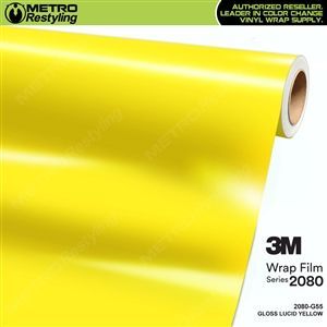 Roll of bright yellow 3M Gloss Lucid Yellow vinyl wrap. Metro Restyling brand.