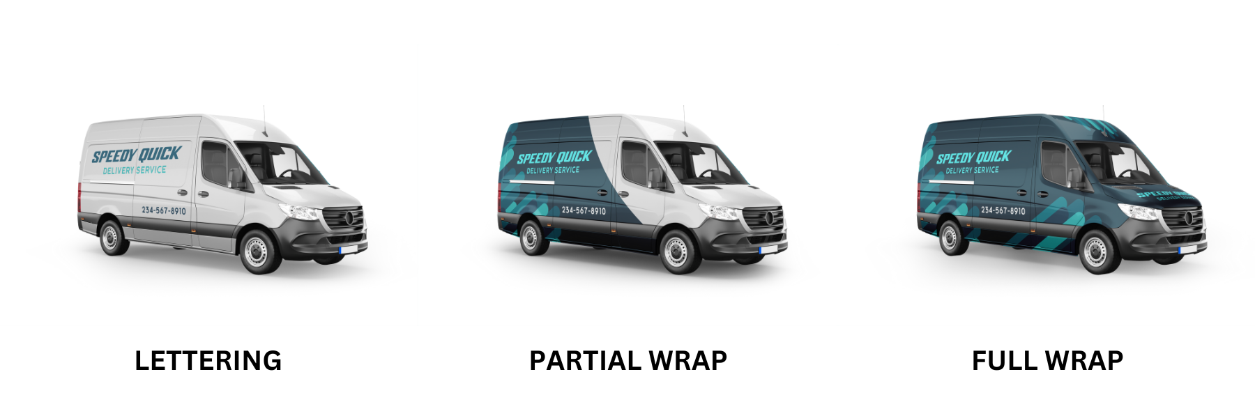 Three vans showing options: lettering, partial wrap, and full wrap.